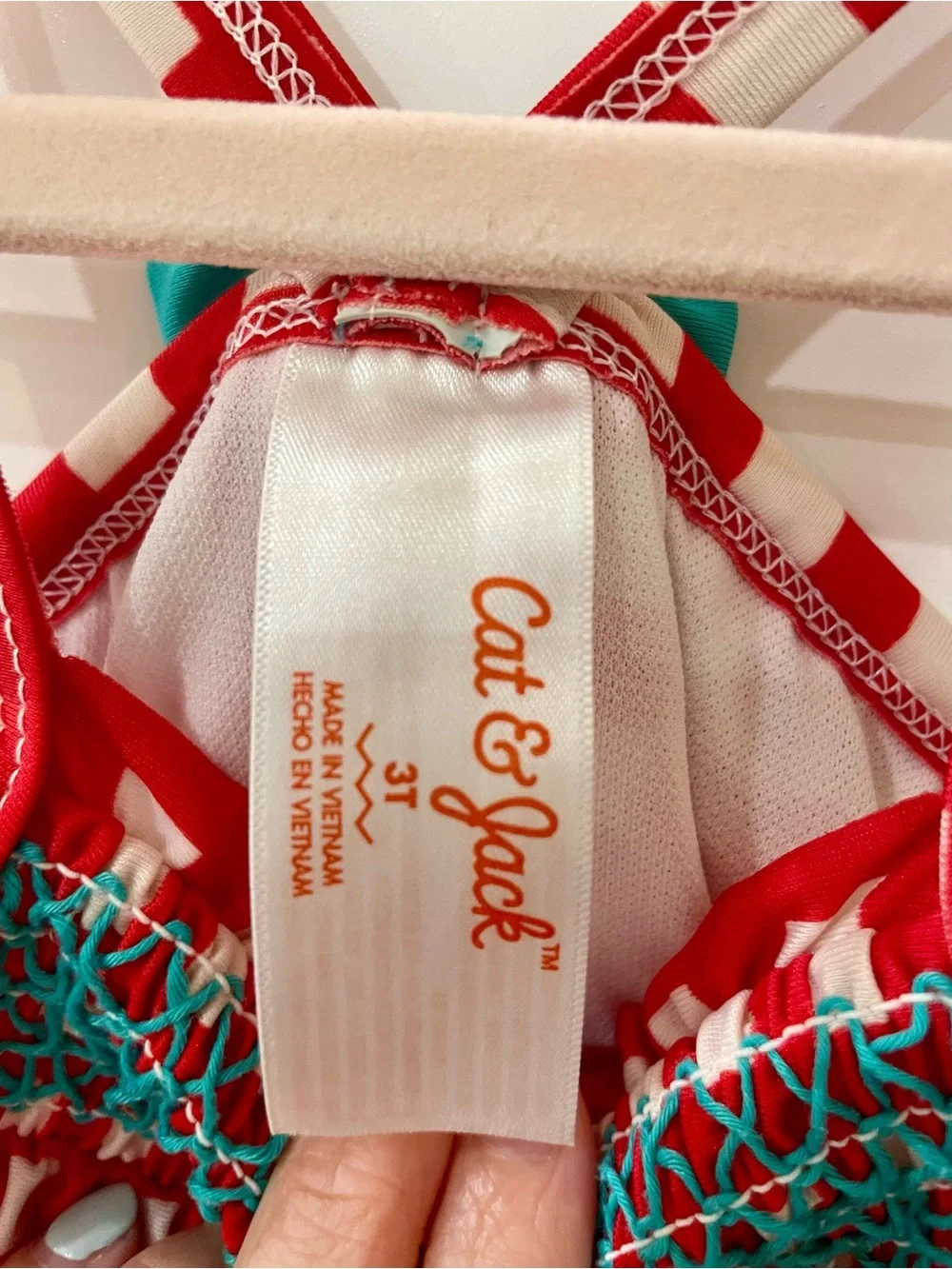 Cat & Jack Red and White Gingham Smocked One-Piece Swimsuit with Teal Accents